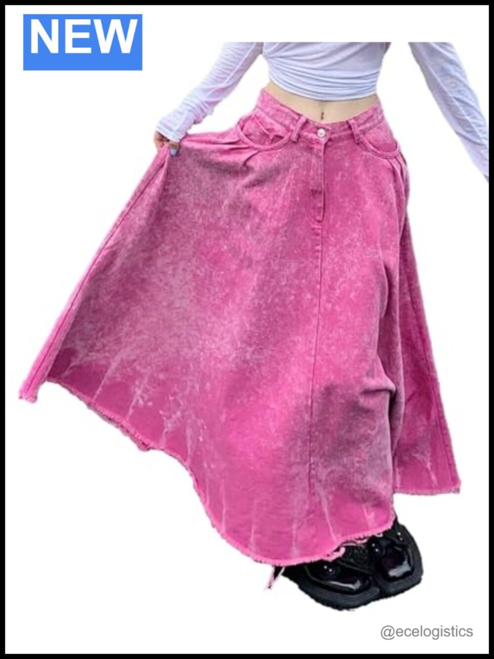 Denim Maxi Skirt Distressed Frayed Ruffle Pleated A-Line Jean Skirt